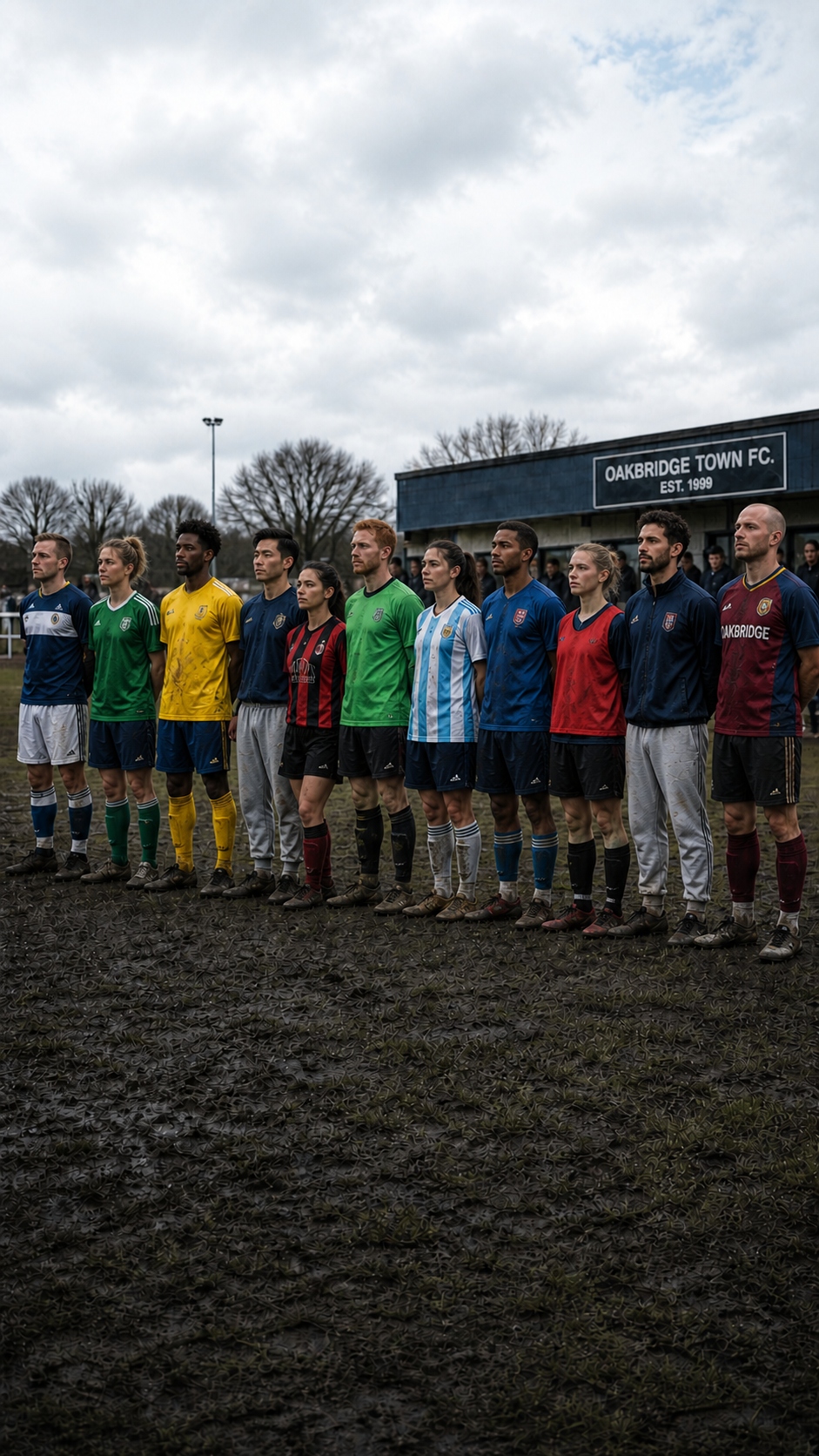 A lineup of grassroots footballers in mismatched kits standing on a muddy pitch in front of the Oakbridge Town F.C. clubhouse